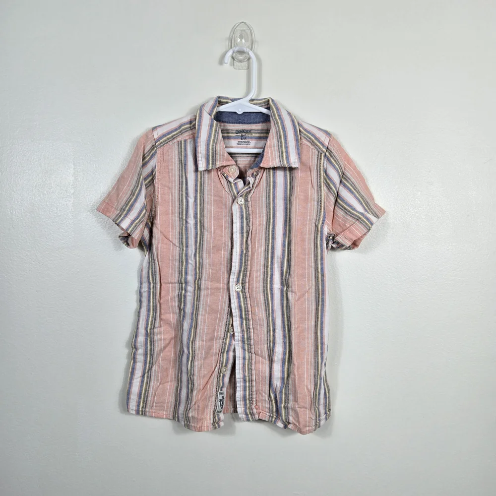 OshKosh Boys Pink Preppy Short Sleeve Striped Textured Button Shirt 6/6A‎ Summer